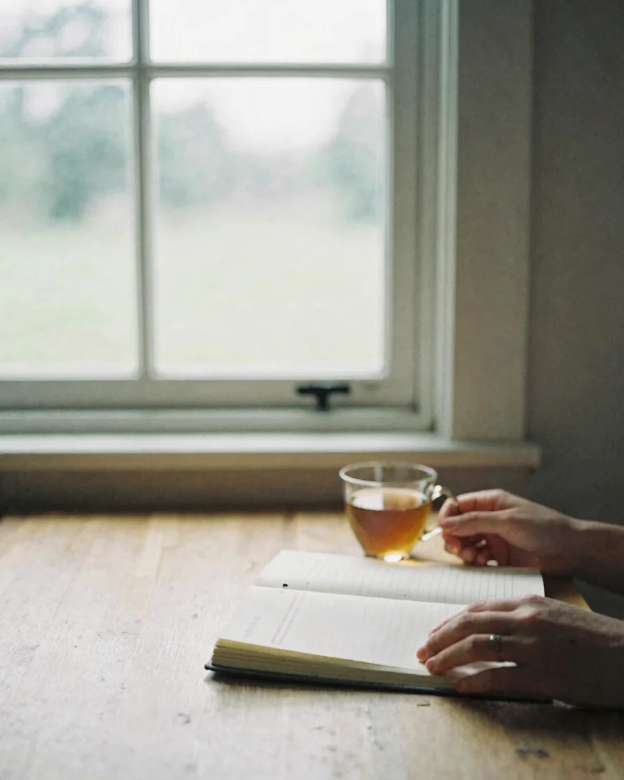 Soft window daylight falling across a calm, uncluttered table; an